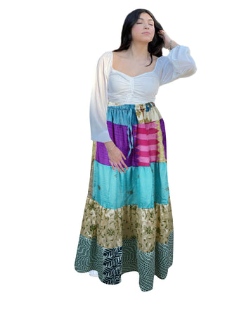 Women's Sky Blue & Multicolor Patchwork Maxi Skirt – Boho Flared Long Skirt S/M/L