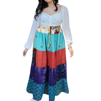 Women's Sky Blue & Red Patchwork Maxi Skirt – Vibrant Boho Style S/M/L