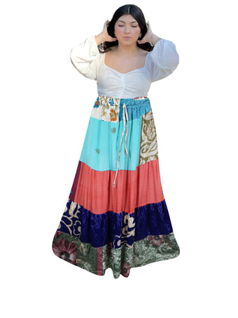 Women's Sky Blue & Red Patchwork Maxi Skirt – Boho Flared Long Skirt S/M/L