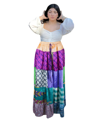 Women's Sky Blue Multi Floral Patchwork Maxi Skirt – Boho Summer Style S/M/L