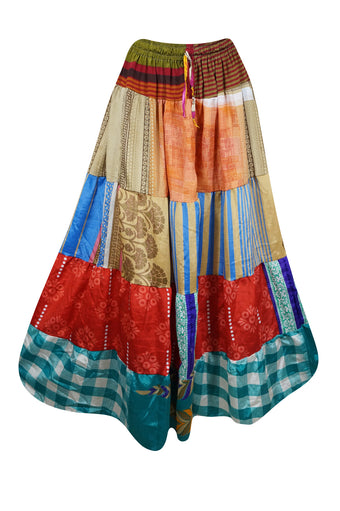 Womens Long Maxi Skirt, Red Multi Patchwork Beach Cover Up Skirts S/M/L