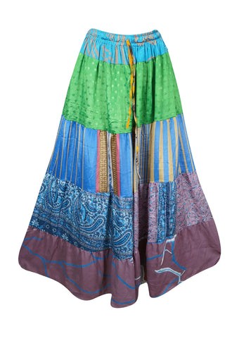 Womens Boho Maxi Skirt Blue, Green Patchwork Beach cover up Skirts S/M/L