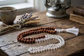 Shiva Shakti Rudraksha Quartz Crystal Mala – Energy Healing Meditation Necklace