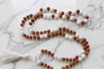 Moonstone Rudraksha Mala Necklace – Hand Knotted Yoga & Spiritual Energy Beads