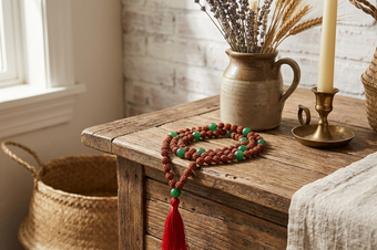 Mindful Meditation Green Jade Sunstone & Rudraksha Japa Mala | Spiritual Healing Beads