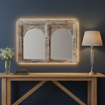 Vintage Double Arch Whitewash Mirror Hand Carved Jharokha Wall Mirror