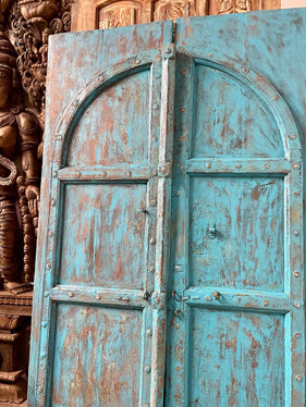 Antique Pair Indian Arched Door, Blue Doors, Painted Teak Wood Door