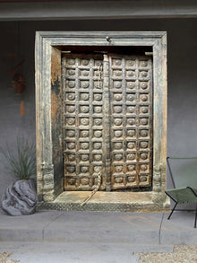  Haveli Antique Door from Thar Desert, India, Sun Bleached Teak Door, Rustic Iron Medallions
