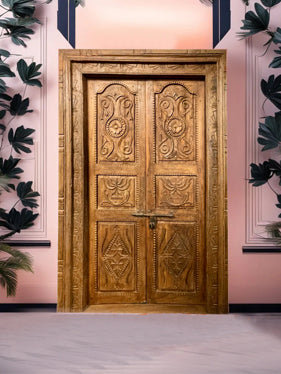 Haveli Antique Indian Doors with Frame, Rustic Teak Doors, 82x53
