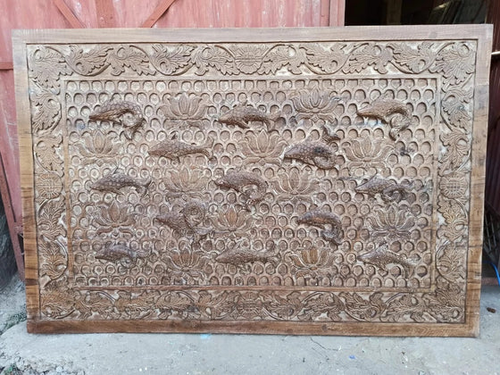 Vintage Carved Wall Art, Lotus Fishes Ceiling, Indian Queen Headboard, Unique Gift, 72x48