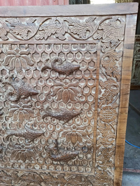 Vintage Carved Wall Art, Lotus Fishes Ceiling, Indian Queen Headboard, Unique Gift, 72x48