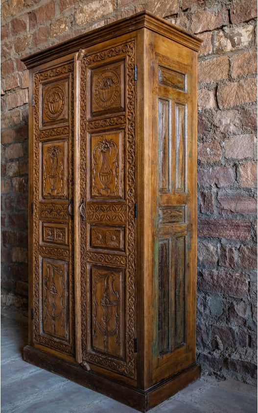 Vintage Wardrobe Armoire, Floral Carved Indian Cabinet Farmhouse Storage 82x41