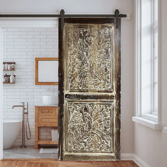 Vintage Limewash Door Floral Carved Sliding Barn Door 77x35