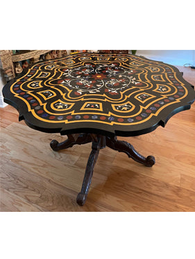 Antique Table Inlaid Stone Black Marble Round Kitchen Table