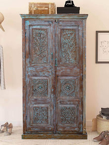  Antique Armoire From India, Floral Wardrobe Cabinet, Hand Carved Blue Hues Brass Studs