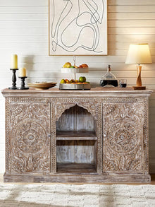  Arched Carved Sideboard Media Chest, Handcarved Whitewash Carved Chest