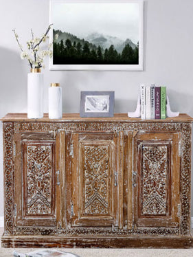 Whitewash Artisan Crafted Dresser, Rustic Sideboard, Carved Floral Buffet