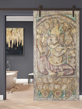 Vintage Fluting Ganesha Wall Decor, Ganesha Seated on Lotus, Barn Door, Custom Interior Barn Door, Yoga Studio