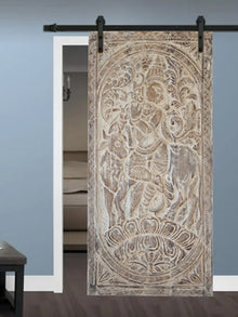  Vintage Whitewash Krishna Wall Art with Hand-Carved, Custom Barndoor