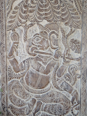 Vintage Fluting Ganesha Wall Sculpture, Whitewash Ganesh on Lotus, Custom Sliding Door