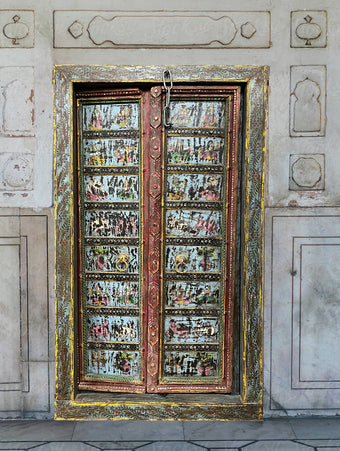 Antique Indian Door Hand Carved Blue Painted Garden Doors