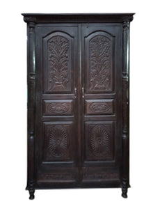  Vintage Black Wardrobe Armoire, Rustic Carved Clothing Cabinet, 80