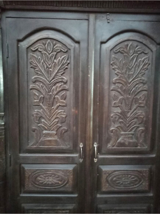 Vintage Armoire From India, Hand Carved Black Floral Carved Armoire, Tall Cabinet