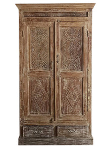  Antique Whitewash Armoire with drawers, Mahal Vintage Carved Cabinet, Old teak cabinet
