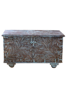 Vintage Blue Hand Crafted Indian Pitara Trunk Chest, Coffee Table on Wheels