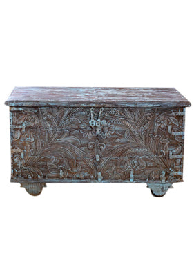 Vintage Blue Hand Crafted Indian Pitara Trunk Chest, Coffee Table on Wheels