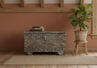 Vintage Carved Hope Chest on Wheels Blue Floral Storage Trunk Bench