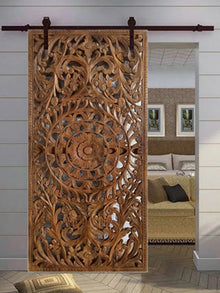  Lotus Carved Jali Door, Reclaimed Wood India Carved Door Ceiling, 80x36