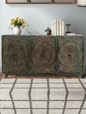 Distressed Teal Sideboard Chest, Floral Medallion TV Credenza, Brass Accents