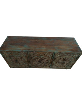 Distressed Teal Sideboard Chest, Floral Medallion TV Credenza, Brass Accents