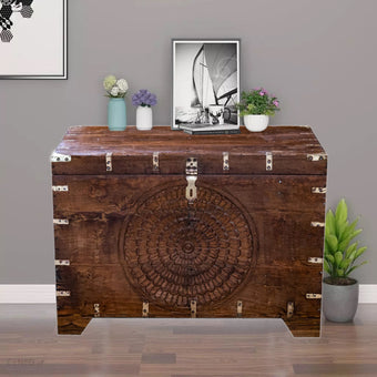 Antique Hope Chest Coffee Table Blanket Trunk Mandala Carved Chest, 36x25