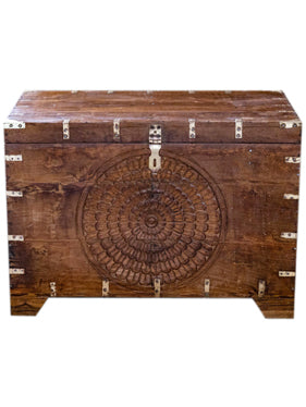 Antique Indian Hope Chest, Authentic Bridal Trunk, Mandala Carved Chest, 36x25