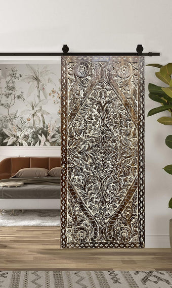 Lotus Pond Carved Wood Double Doors Headboard Sliding Barn Door 80x36