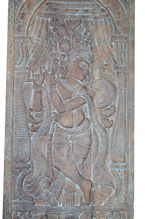 Vintage Hand Carved Fluting Krishna Carving, Black Barn Door, CUSTOM, Sliding Door, Wall Sculpture