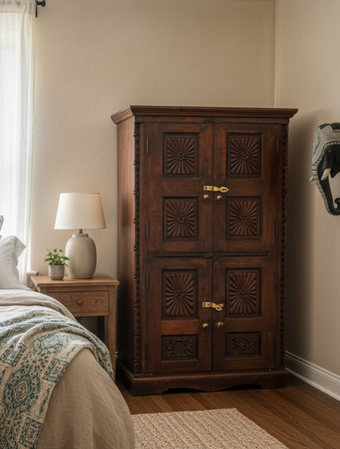 Antique Armoire Sunburst Carved Dark Wood Double Door Bedroom Cabinet