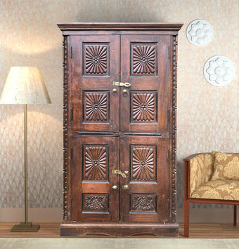 Antique Hand Carved Armoire Brdark Wood Rustic Farmhouse Cabinet