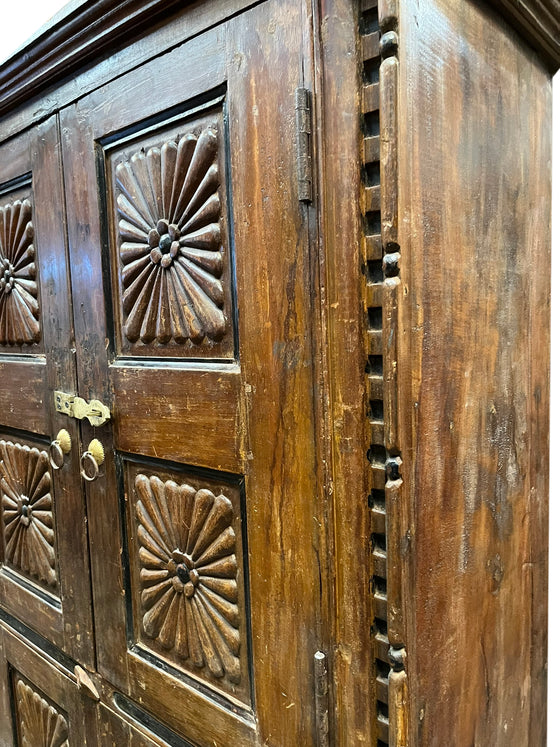 Rustic Vintage Armoire, Indian Carved Cabinet, Reclaimed Farmhouse Cabinet, Sunrays Tall Chest