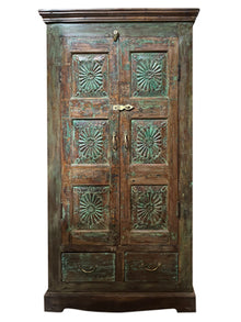  Antique Green Armoire, Charka Carved Artistic Carved Medallions 68x34
