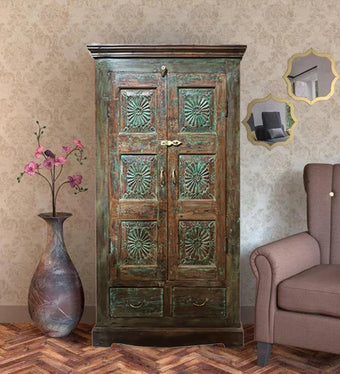 Antique Green Armoire Charka Carved Artistic Carved Sunburst 68x34