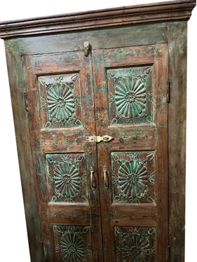 Antique Green Armoire, Charka Carved Artistic Carved Medallions 68x34