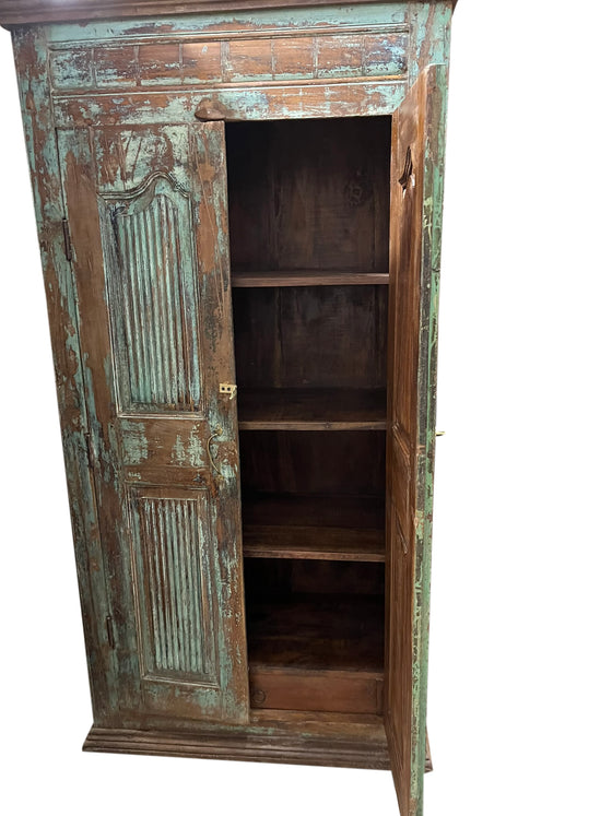 Shabby Chic Carved Vintage Armoire, Accent Cabinet, Antique Blue Armoire 70x35