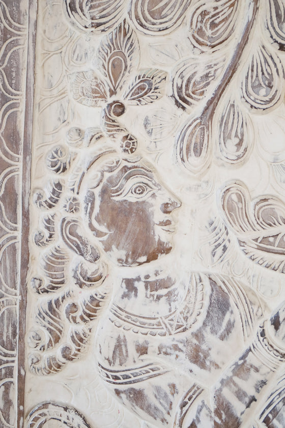 Vintage Whitewashed Krishna Wall Art, Krishna Subdues the Bull with his Flute Barn Door