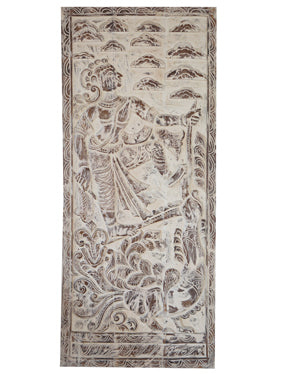 Vintage Whitewashed Krishna Wall Art, Hand-carved Fluting Krishna Wall Panel 83X36