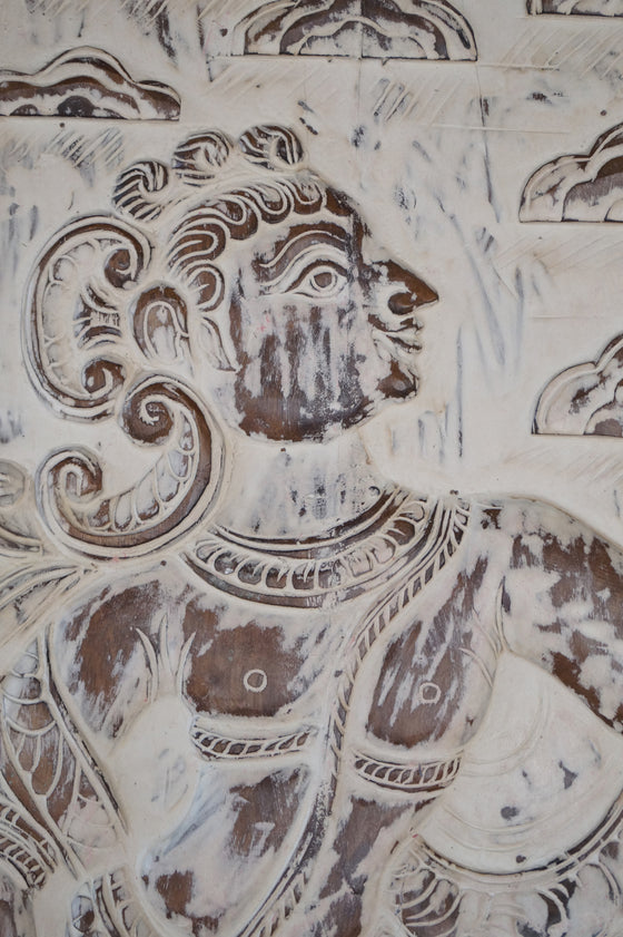 Vintage Whitewashed Krishna Wall Art, Hand-carved Fluting Krishna Wall Panel 83X36