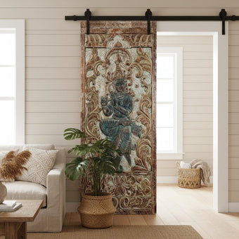 Vintage Krishna Carved Wall Art Blue Reclaimed Wood Indian Temple Door 83