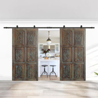 Vintage Carved Double Door Blue Hand carved Sliding Barn Door 96x48